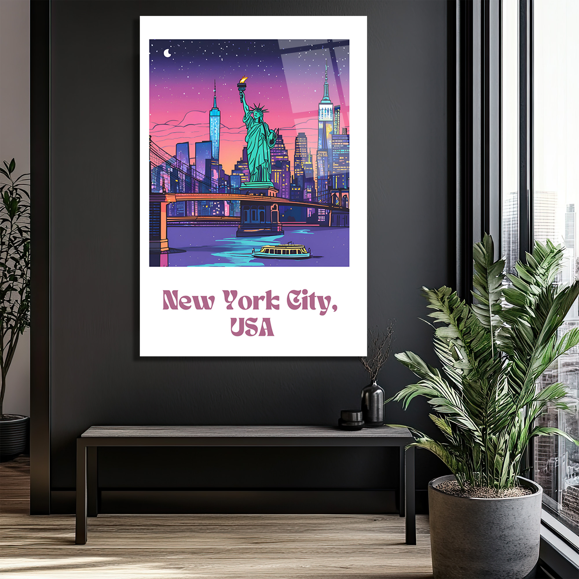New York Şehir Manzarası Cam Tablo: Neon Işıklar ve Özgürlük Heykeli - Glazella New York Şehir Manzarası Cam Tablo: Neon Işıklar ve Özgürlük Heykeli - Glazella