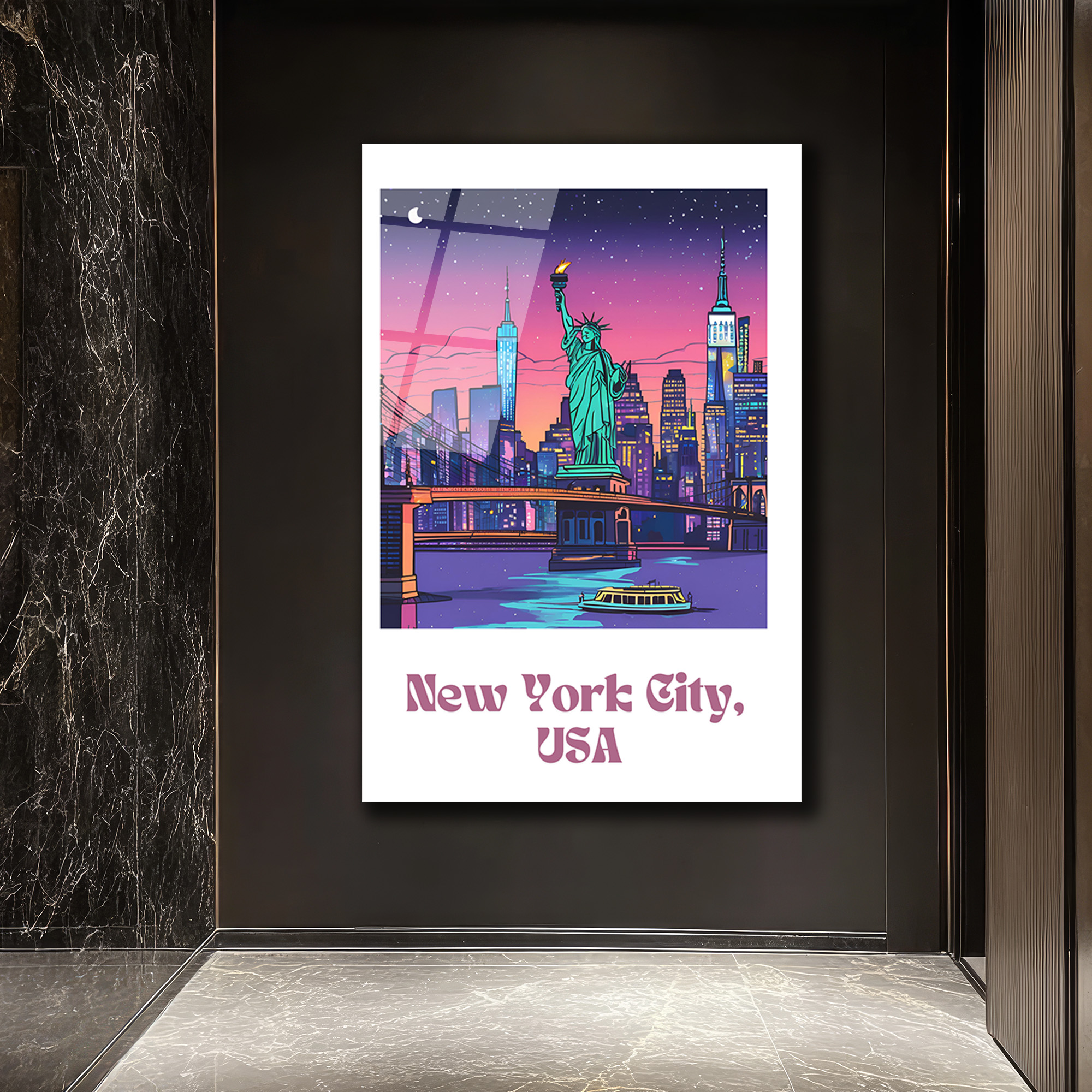 New York Şehir Manzarası Cam Tablo: Neon Işıklar ve Özgürlük Heykeli - Glazella New York Şehir Manzarası Cam Tablo: Neon Işıklar ve Özgürlük Heykeli - Glazella