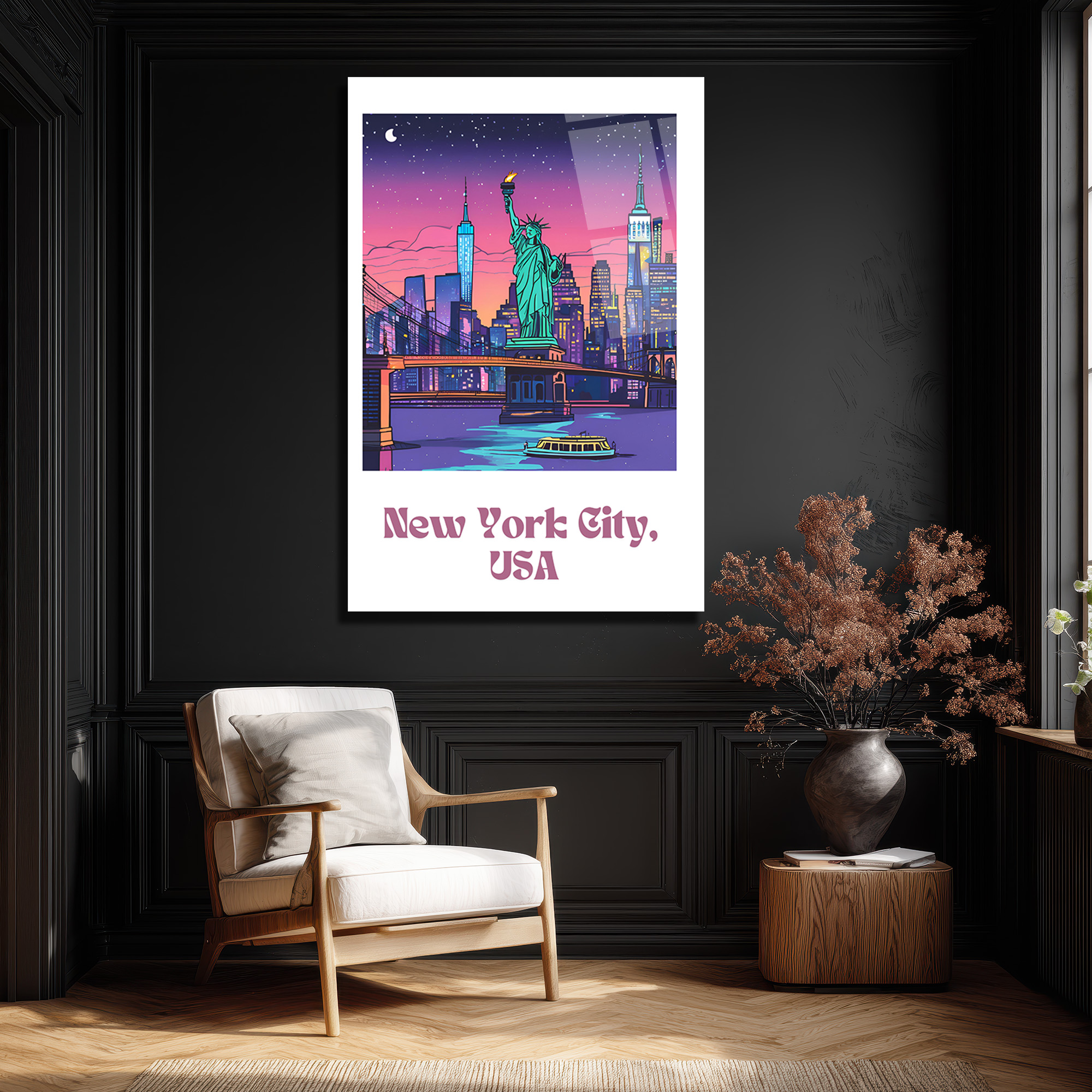 New York Şehir Manzarası Cam Tablo: Neon Işıklar ve Özgürlük Heykeli - Glazella New York Şehir Manzarası Cam Tablo: Neon Işıklar ve Özgürlük Heykeli - Glazella