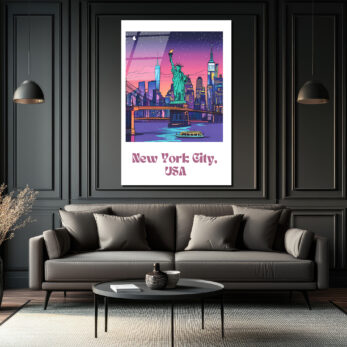 New York Şehir Manzarası Cam Tablo: Neon Işıklar ve Özgürlük Heykeli - Glazella New York Şehir Manzarası Cam Tablo: Neon Işıklar ve Özgürlük Heykeli - Glazella