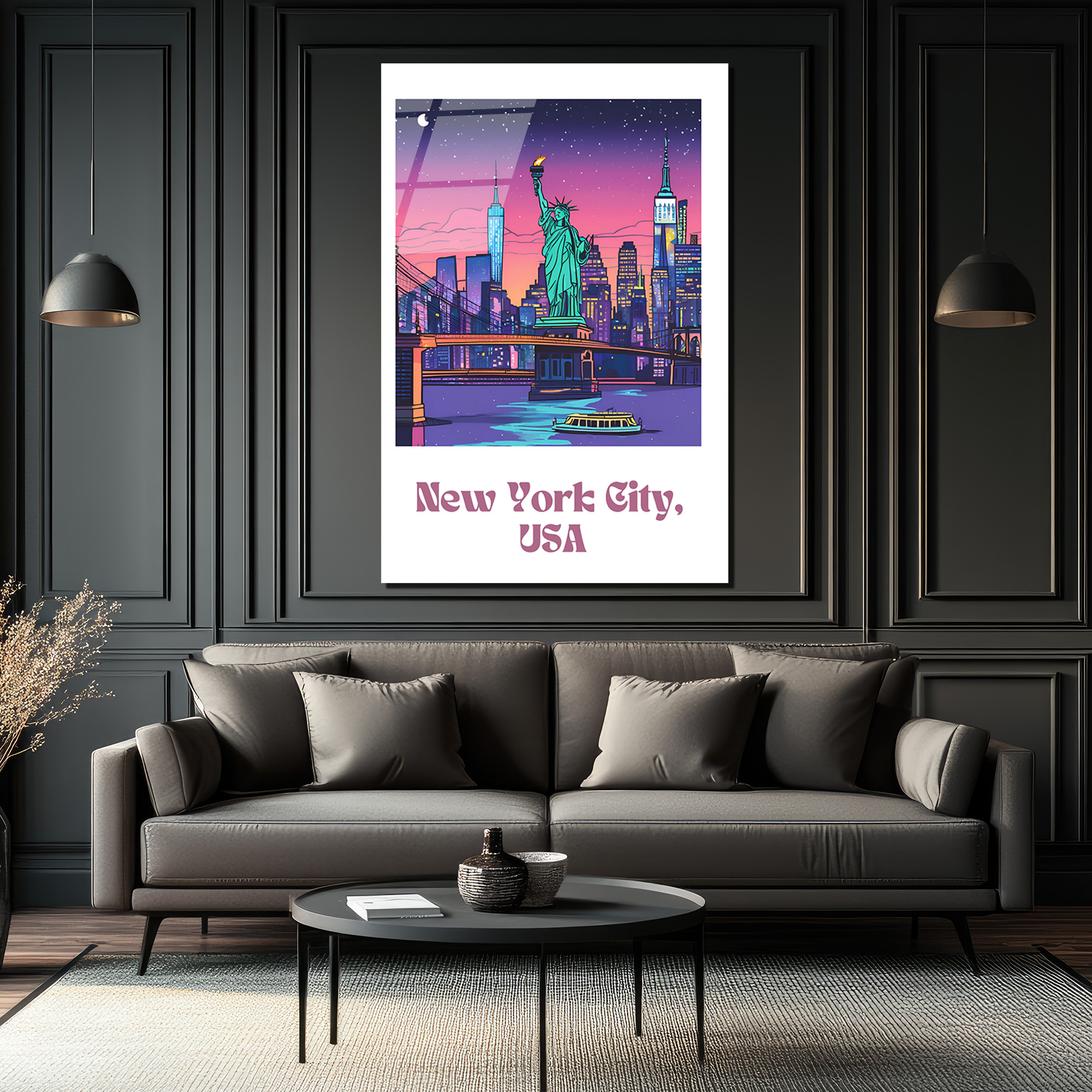 New York Şehir Manzarası Cam Tablo: Neon Işıklar ve Özgürlük Heykeli - Glazella New York Şehir Manzarası Cam Tablo: Neon Işıklar ve Özgürlük Heykeli - Glazella