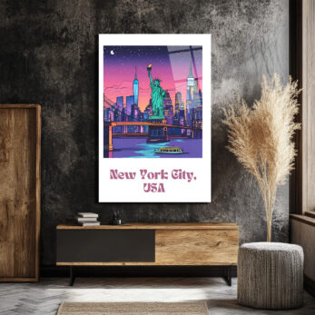 New York Şehir Manzarası Cam Tablo: Neon Işıklar ve Özgürlük Heykeli - Glazella New York Şehir Manzarası Cam Tablo: Neon Işıklar ve Özgürlük Heykeli - Glazella