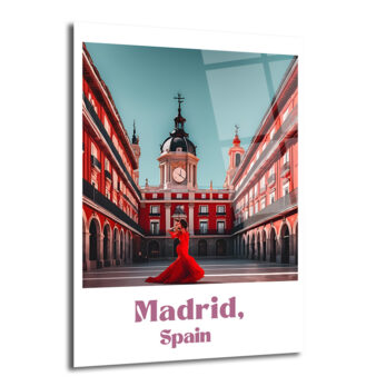 Madrid Plaza Mayor Kırmızı Elbiseli Kadın Cam Tablo - Glazella