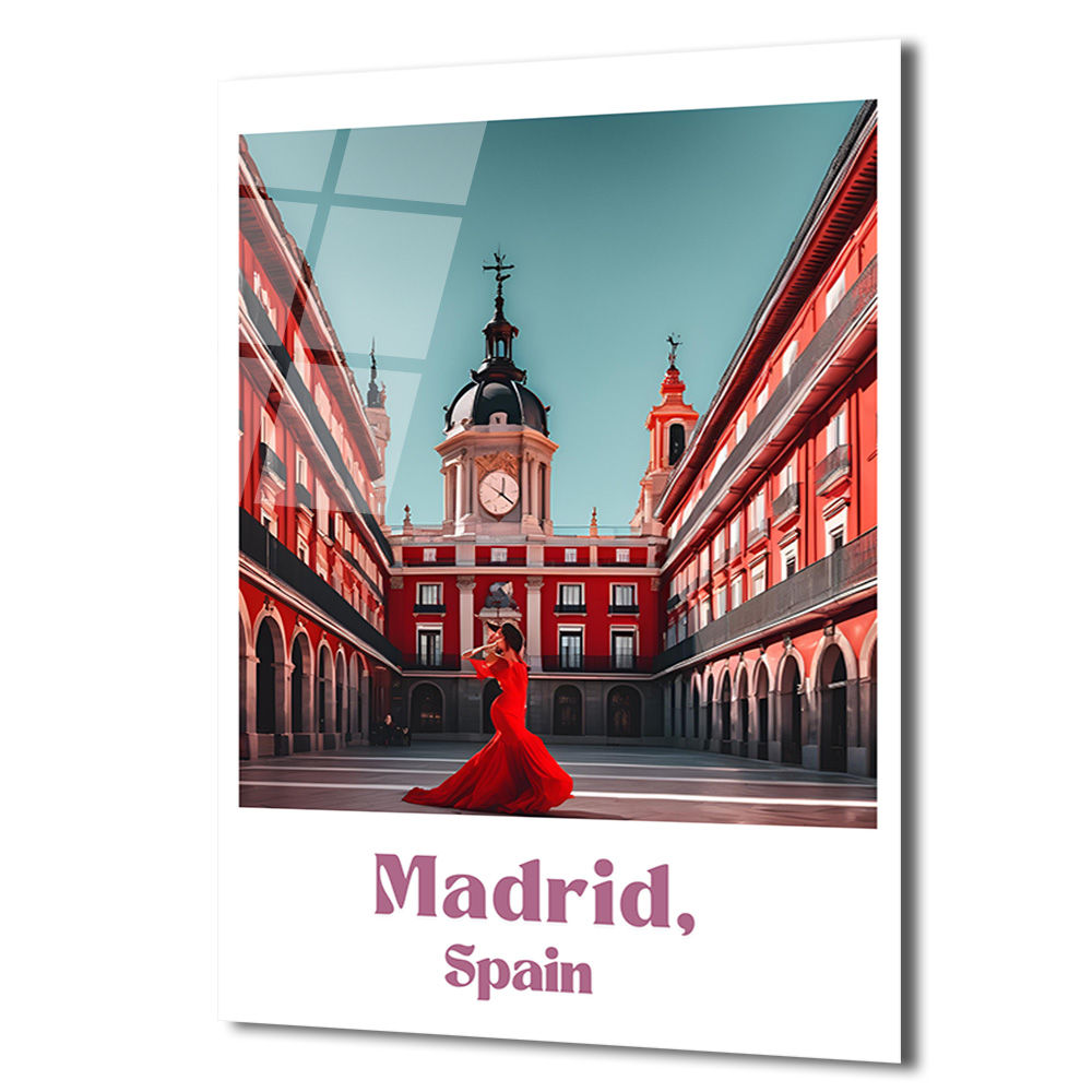 Madrid Plaza Mayor Kırmızı Elbiseli Kadın Cam Tablo - Glazella Madrid Plaza Mayor Kırmızı Elbiseli Kadın Cam Tablo - Glazella