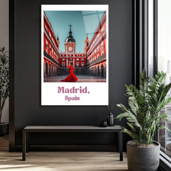 Madrid Plaza Mayor Kırmızı Elbiseli Kadın Cam Tablo - Glazella Madrid Plaza Mayor Kırmızı Elbiseli Kadın Cam Tablo - Glazella