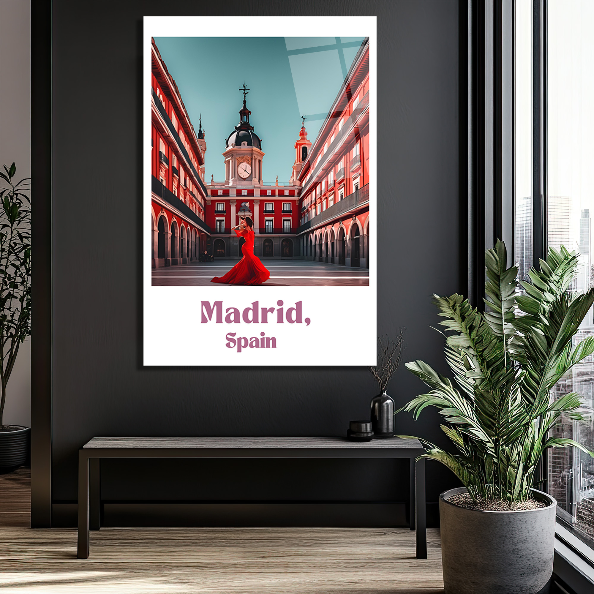 Madrid Plaza Mayor Kırmızı Elbiseli Kadın Cam Tablo - Glazella Madrid Plaza Mayor Kırmızı Elbiseli Kadın Cam Tablo - Glazella