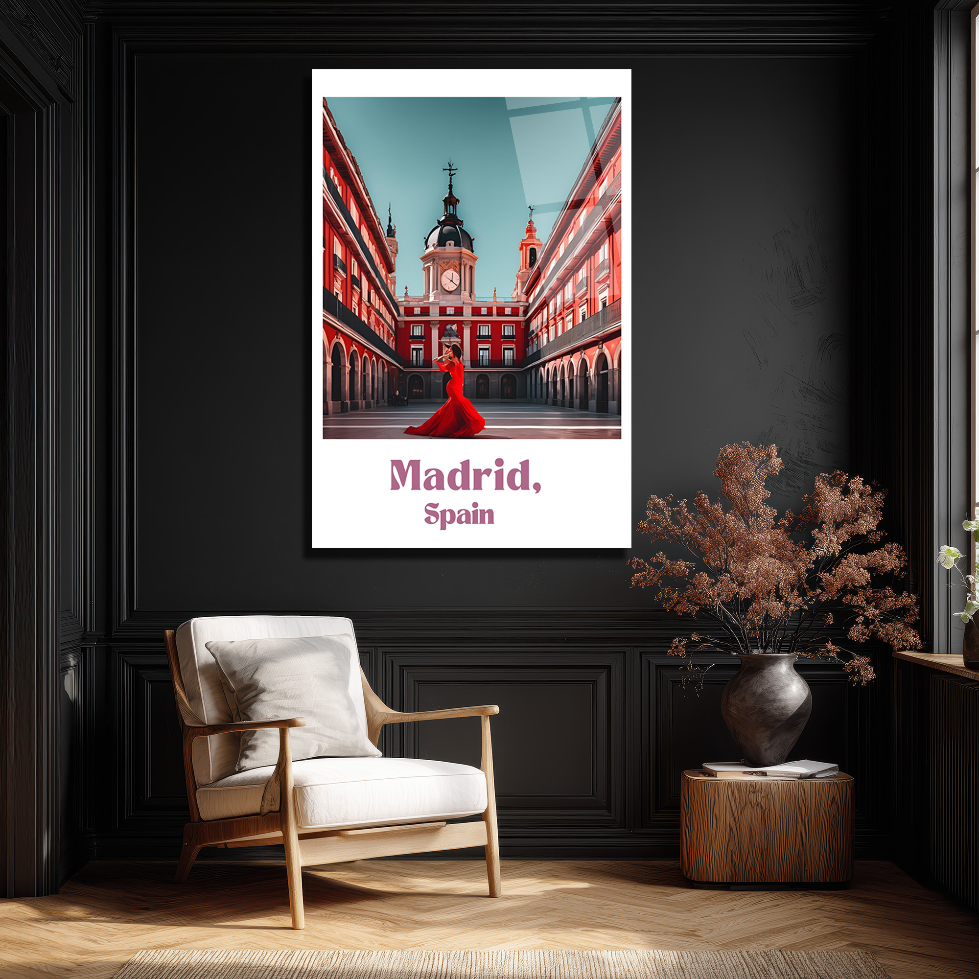Madrid Plaza Mayor Kırmızı Elbiseli Kadın Cam Tablo - Glazella Madrid Plaza Mayor Kırmızı Elbiseli Kadın Cam Tablo - Glazella