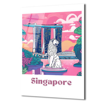 Singapur Merlion Marina Bay Sands Manzaralı Pembe Cam Tablo - Glazella