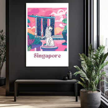 Singapur Merlion Marina Bay Sands Manzaralı Pembe Cam Tablo - Glazella