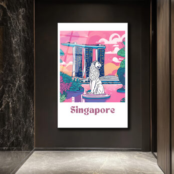Singapur Merlion Marina Bay Sands Manzaralı Pembe Cam Tablo - Glazella