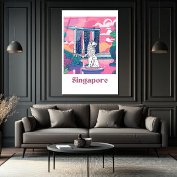 Singapur Merlion Marina Bay Sands Manzaralı Pembe Cam Tablo - Glazella
