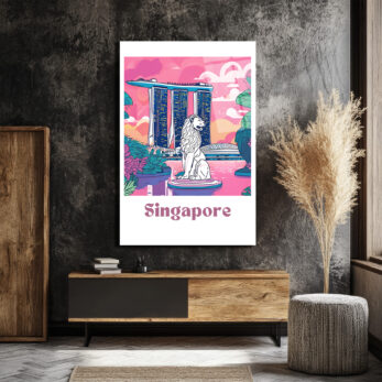 Singapur Merlion Marina Bay Sands Manzaralı Pembe Cam Tablo - Glazella