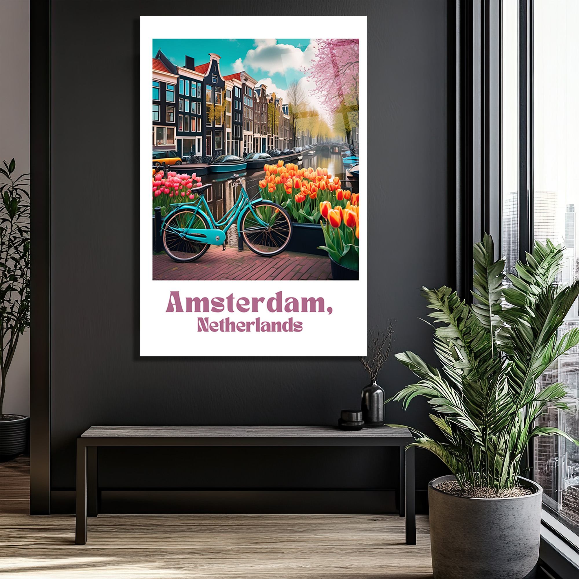 Amsterdam Baharı Lale ve Bisiklet Cam Tablo - Glazella Amsterdam Baharı Lale ve Bisiklet Cam Tablo - Glazella