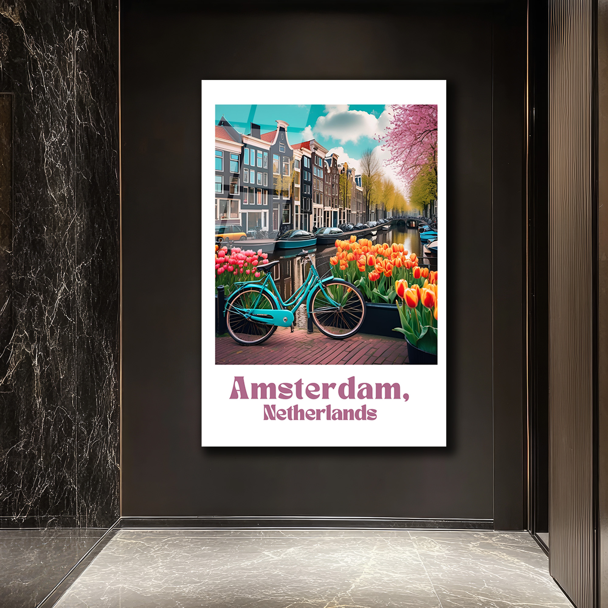 Amsterdam Baharı Lale ve Bisiklet Cam Tablo - Glazella Amsterdam Baharı Lale ve Bisiklet Cam Tablo - Glazella