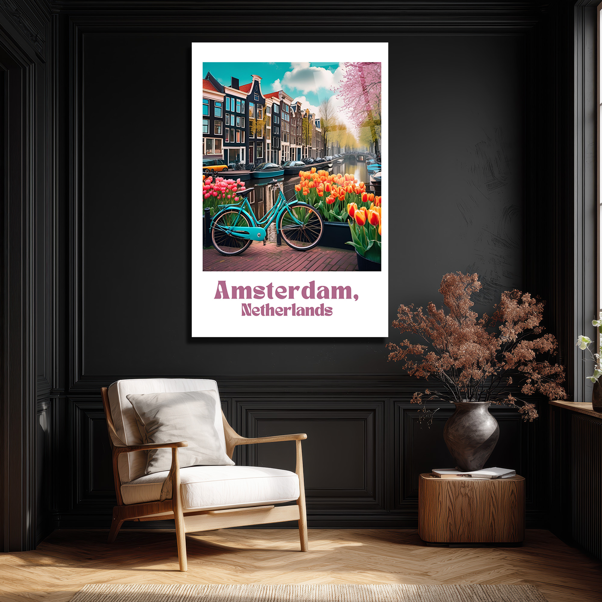 Amsterdam Baharı Lale ve Bisiklet Cam Tablo - Glazella Amsterdam Baharı Lale ve Bisiklet Cam Tablo - Glazella