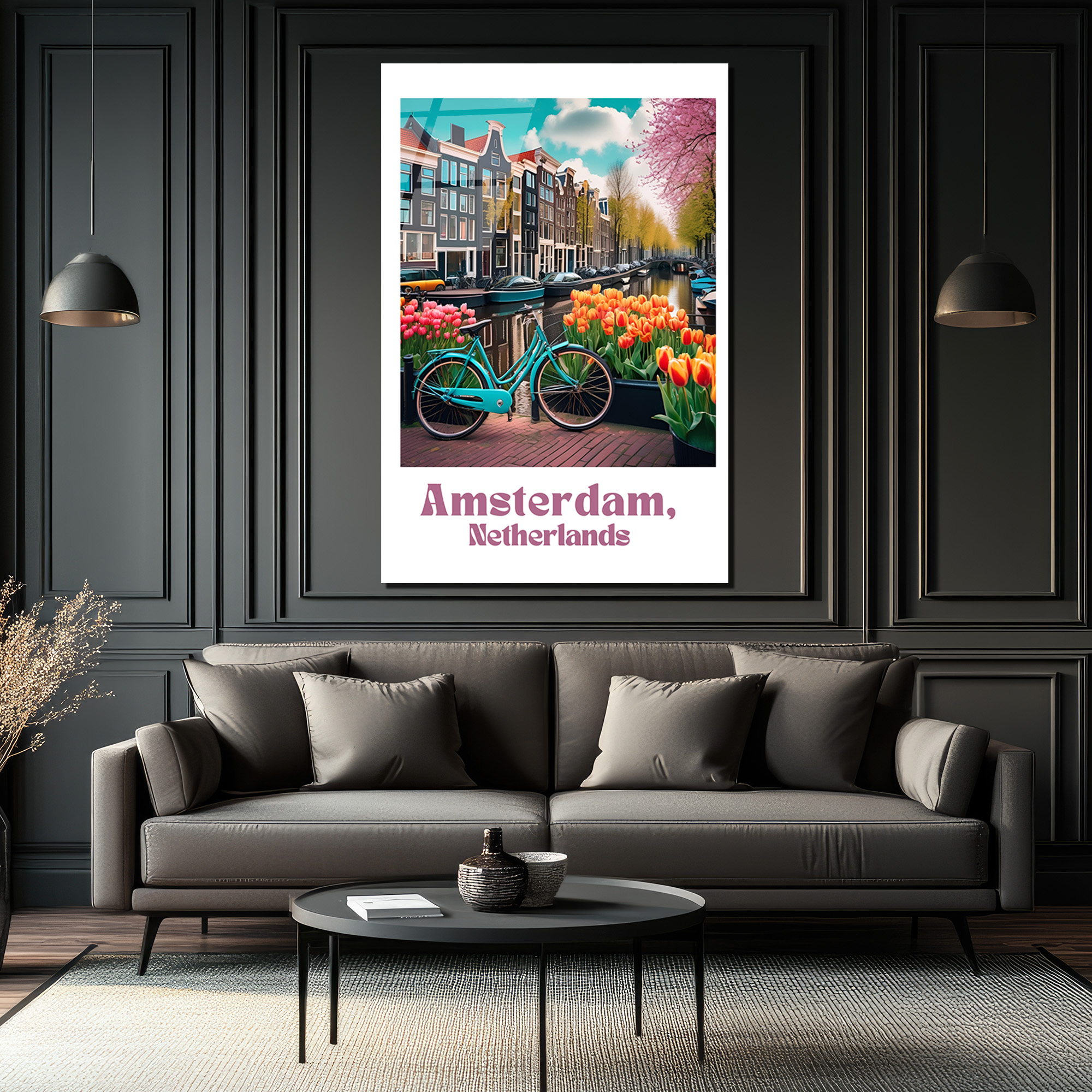 Amsterdam Baharı Lale ve Bisiklet Cam Tablo - Glazella Amsterdam Baharı Lale ve Bisiklet Cam Tablo - Glazella