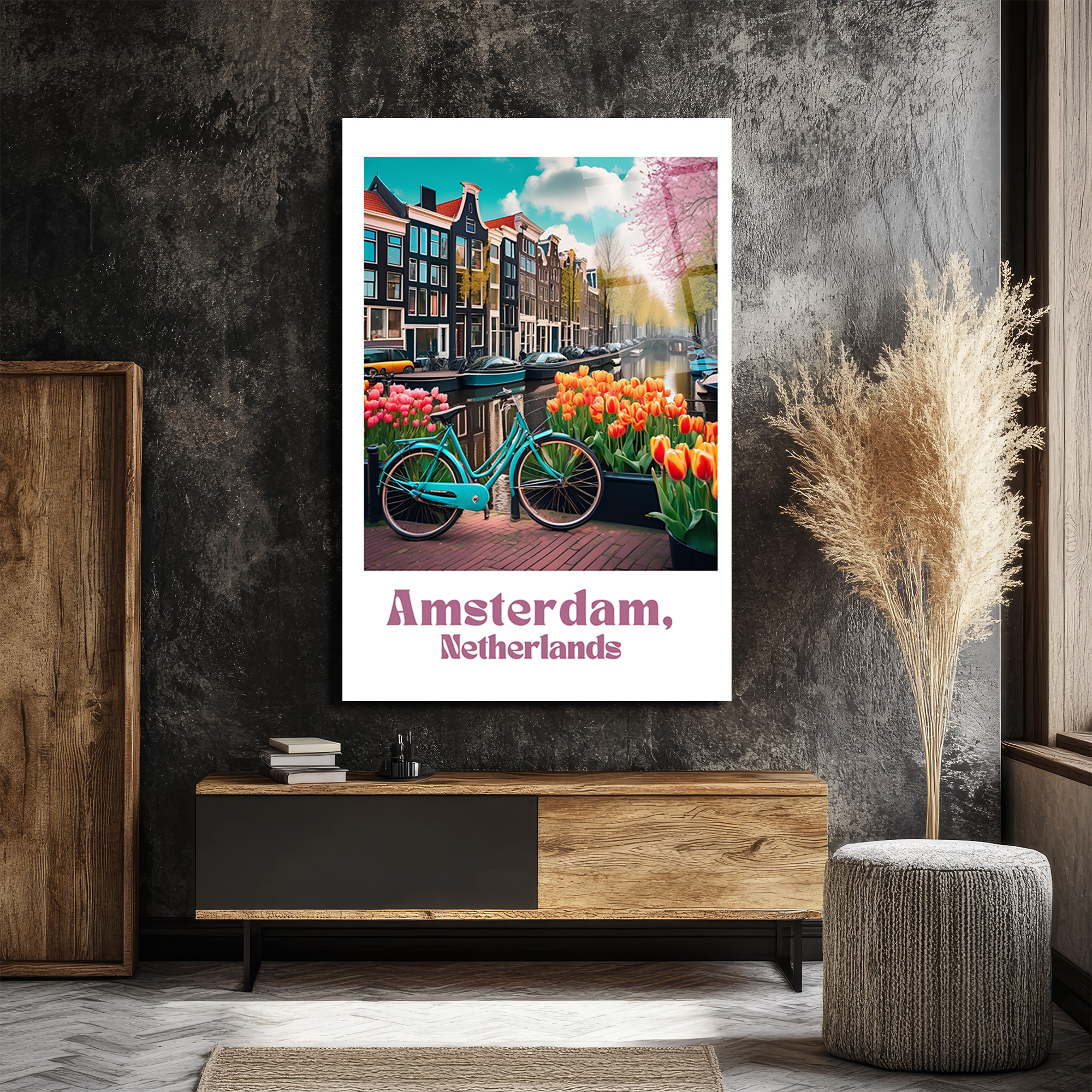 Amsterdam Baharı Lale ve Bisiklet Cam Tablo - Glazella Amsterdam Baharı Lale ve Bisiklet Cam Tablo - Glazella