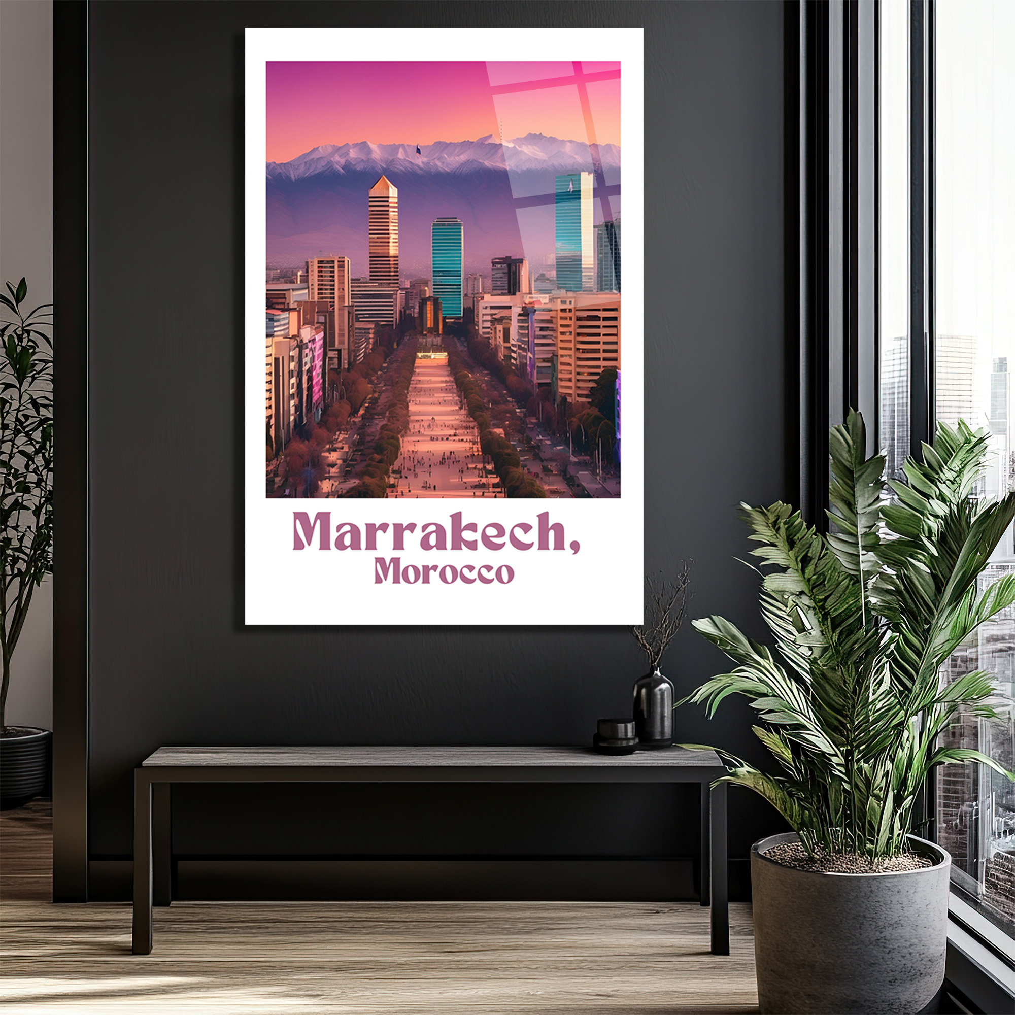 Marakeş Gün Batımı Modern Şehir Manzarası Cam Tablo - Glazella Marakeş Gün Batımı Modern Şehir Manzarası Cam Tablo - Glazella