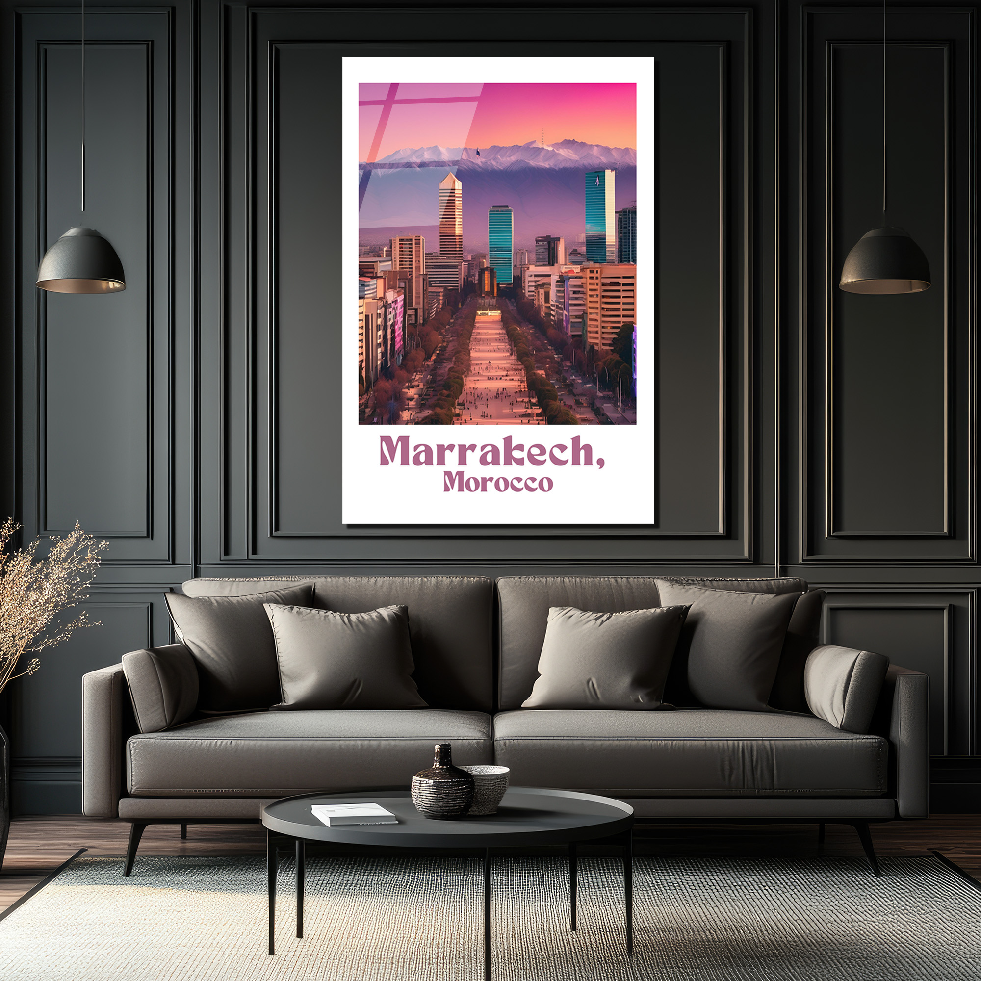 Marakeş Gün Batımı Modern Şehir Manzarası Cam Tablo - Glazella Marakeş Gün Batımı Modern Şehir Manzarası Cam Tablo - Glazella