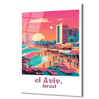 Tel Aviv Gün Batımı Retro Sahil Manzarası Cam Tablo - Glazella Tel Aviv Gün Batımı Retro Sahil Manzarası Cam Tablo - Glazella