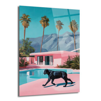 Retro Pink Villa ve Kara Panter Cam Tablo - Modern Lüks Sanat - Glazella