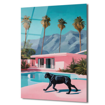 Retro Pink Villa ve Kara Panter Cam Tablo - Modern Lüks Sanat - Glazella Retro Pink Villa ve Kara Panter Cam Tablo - Modern Lüks Sanat - Glazella