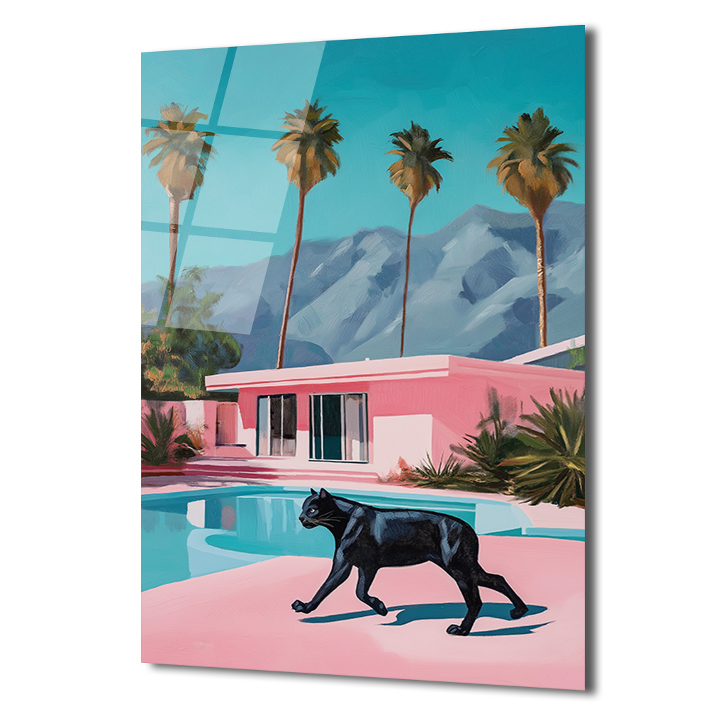 Retro Pink Villa ve Kara Panter Cam Tablo - Modern Lüks Sanat - Glazella Retro Pink Villa ve Kara Panter Cam Tablo - Modern Lüks Sanat - Glazella