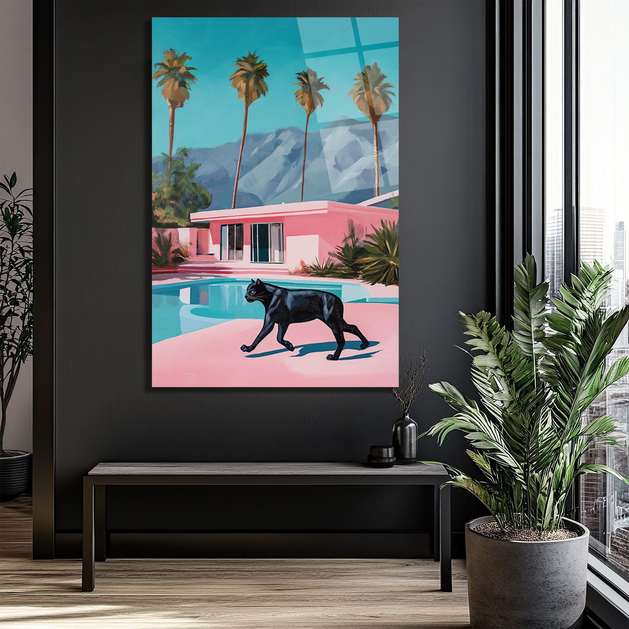 Retro Pink Villa ve Kara Panter Cam Tablo - Modern Lüks Sanat - Glazella Retro Pink Villa ve Kara Panter Cam Tablo - Modern Lüks Sanat - Glazella