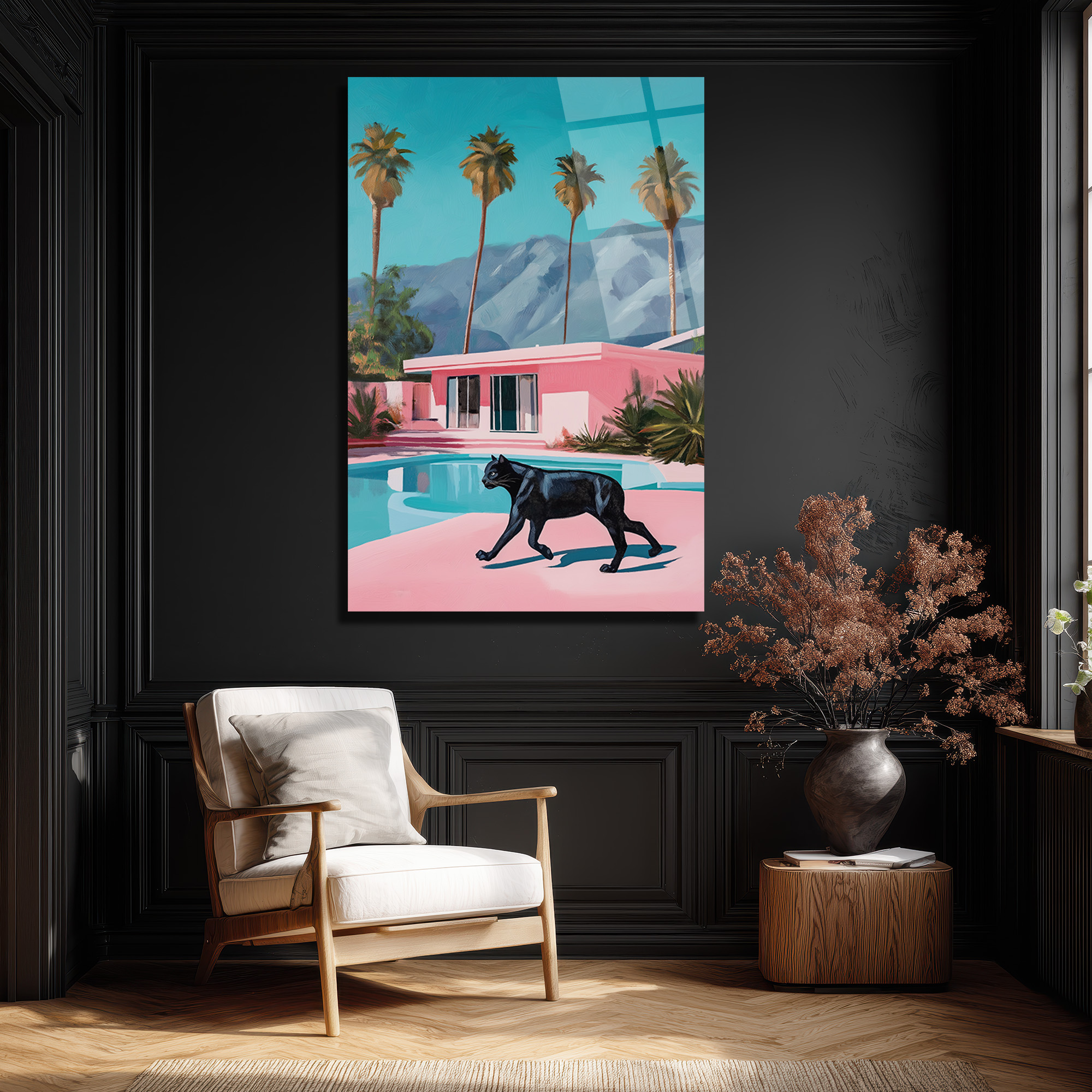 Retro Pink Villa ve Kara Panter Cam Tablo - Modern Lüks Sanat - Glazella Retro Pink Villa ve Kara Panter Cam Tablo - Modern Lüks Sanat - Glazella