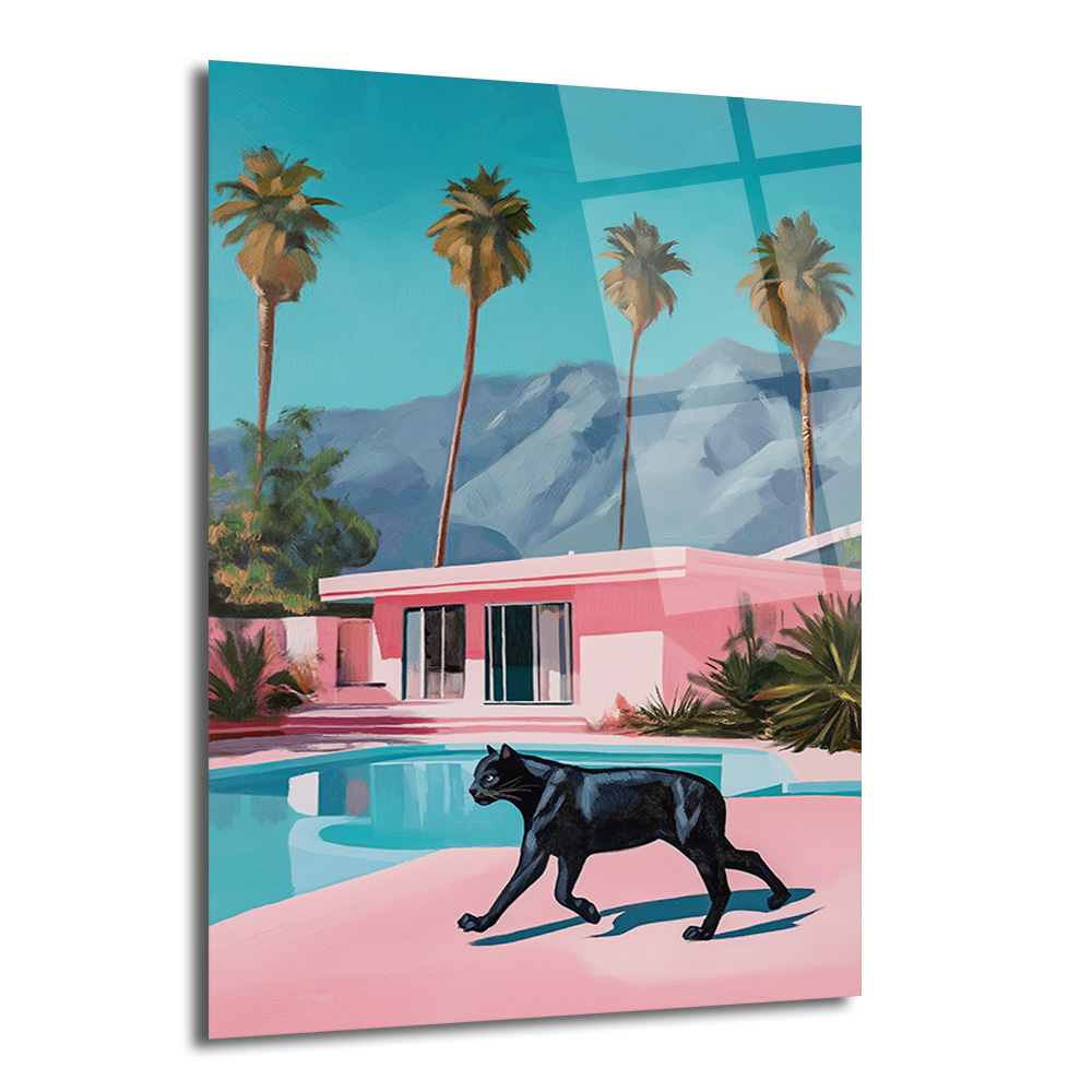 Retro Pink Villa ve Kara Panter Cam Tablo - Modern Lüks Sanat - Glazella Retro Pink Villa ve Kara Panter Cam Tablo - Modern Lüks Sanat - Glazella