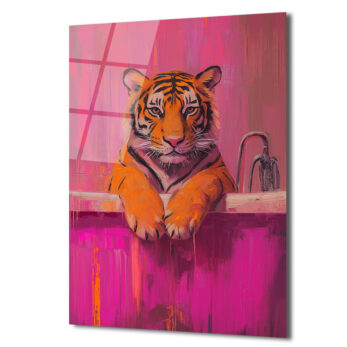 Banyodaki Kaplan Sanat Eseri: Pembe Tonlarda Cesur Cam Tablo - Glazella Banyodaki Kaplan Sanat Eseri: Pembe Tonlarda Cesur Cam Tablo - Glazella