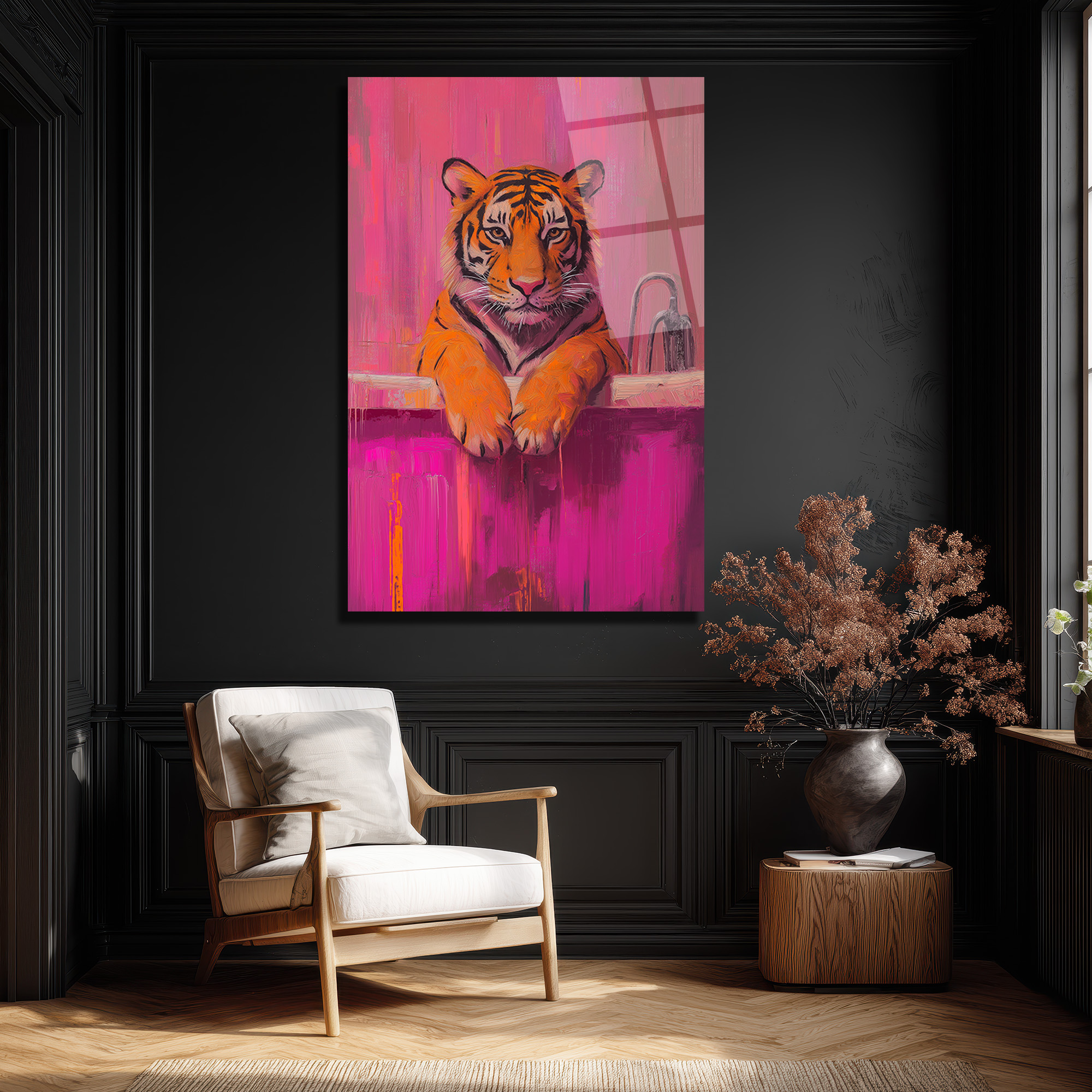 Banyodaki Kaplan Sanat Eseri: Pembe Tonlarda Cesur Cam Tablo - Glazella Banyodaki Kaplan Sanat Eseri: Pembe Tonlarda Cesur Cam Tablo - Glazella