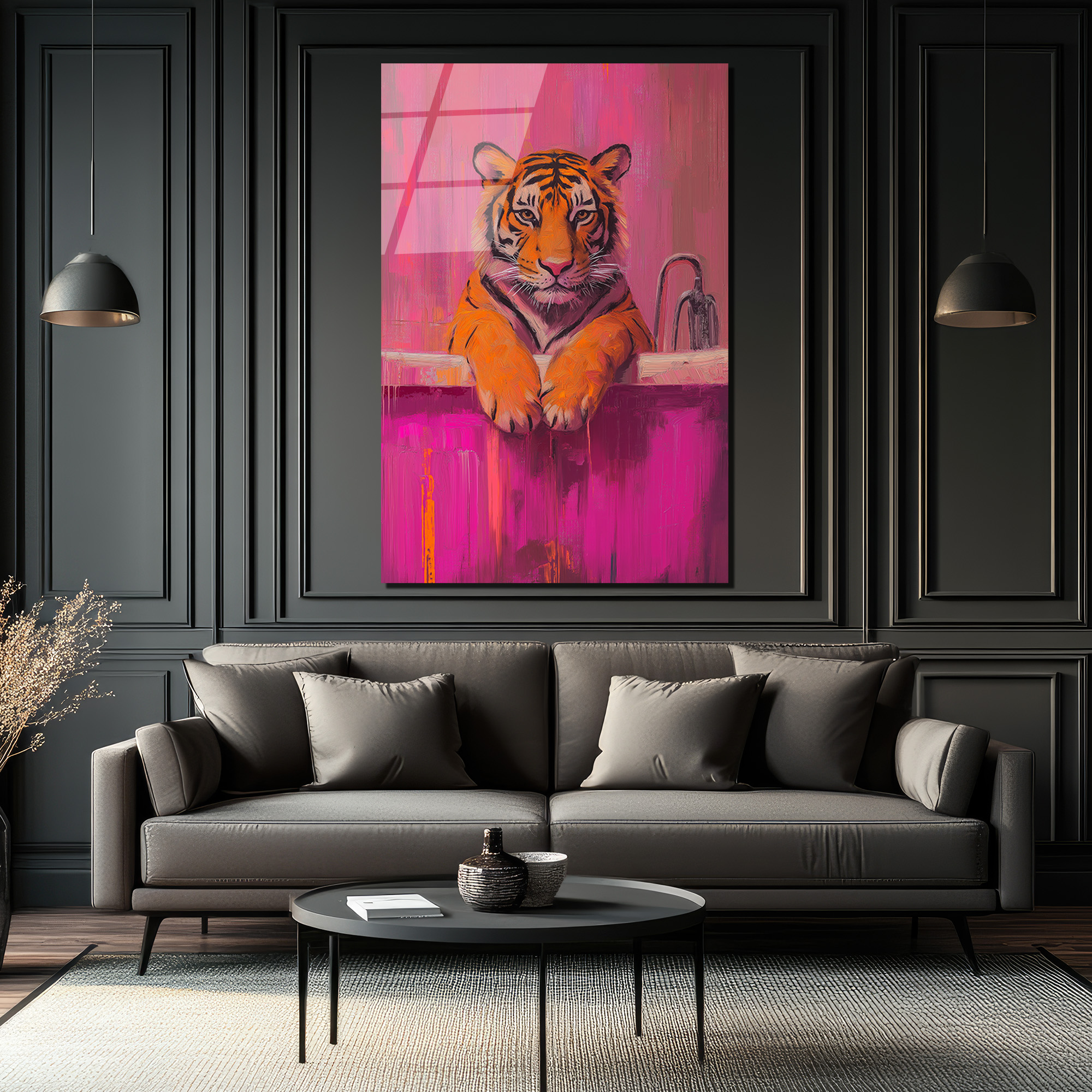 Banyodaki Kaplan Sanat Eseri: Pembe Tonlarda Cesur Cam Tablo - Glazella Banyodaki Kaplan Sanat Eseri: Pembe Tonlarda Cesur Cam Tablo - Glazella