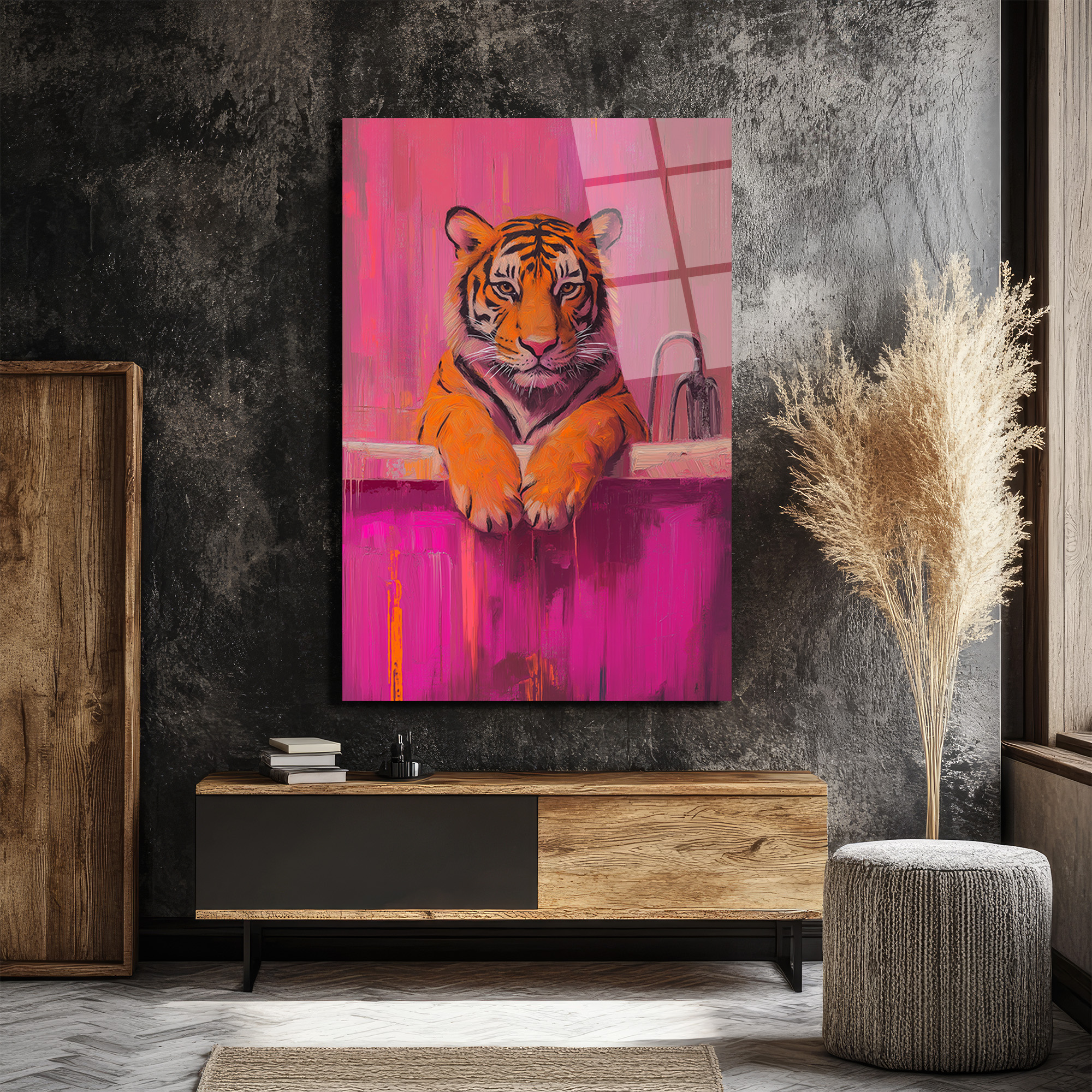 Banyodaki Kaplan Sanat Eseri: Pembe Tonlarda Cesur Cam Tablo - Glazella Banyodaki Kaplan Sanat Eseri: Pembe Tonlarda Cesur Cam Tablo - Glazella