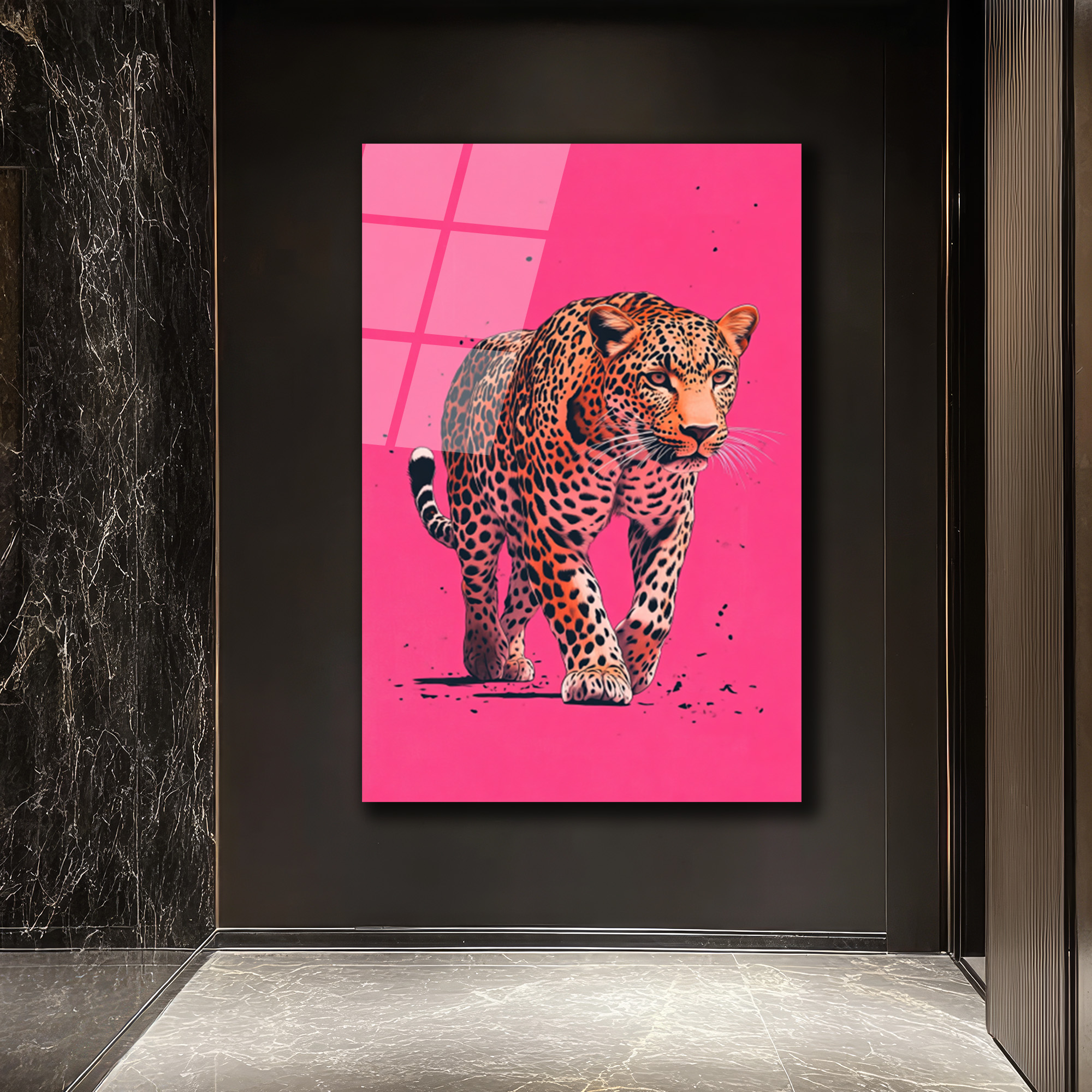 Vahşi Zarafet: Pembe Fonlu Leopar Cam Tablo - Glazella Vahşi Zarafet: Pembe Fonlu Leopar Cam Tablo - Glazella