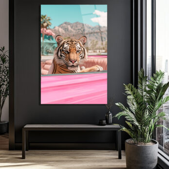 Lüks Pembe Arabada Kaplan Cam Tablo - Modern Duvar Sanatı - Glazella Lüks Pembe Arabada Kaplan Cam Tablo - Modern Duvar Sanatı - Glazella