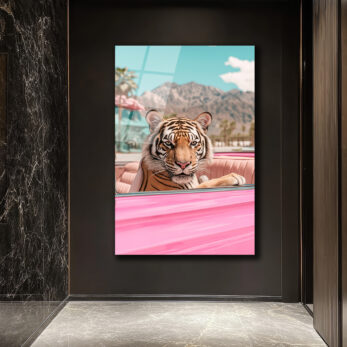 Lüks Pembe Arabada Kaplan Cam Tablo - Modern Duvar Sanatı - Glazella Lüks Pembe Arabada Kaplan Cam Tablo - Modern Duvar Sanatı - Glazella