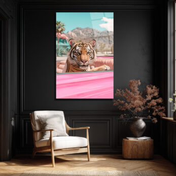 Lüks Pembe Arabada Kaplan Cam Tablo - Modern Duvar Sanatı - Glazella Lüks Pembe Arabada Kaplan Cam Tablo - Modern Duvar Sanatı - Glazella
