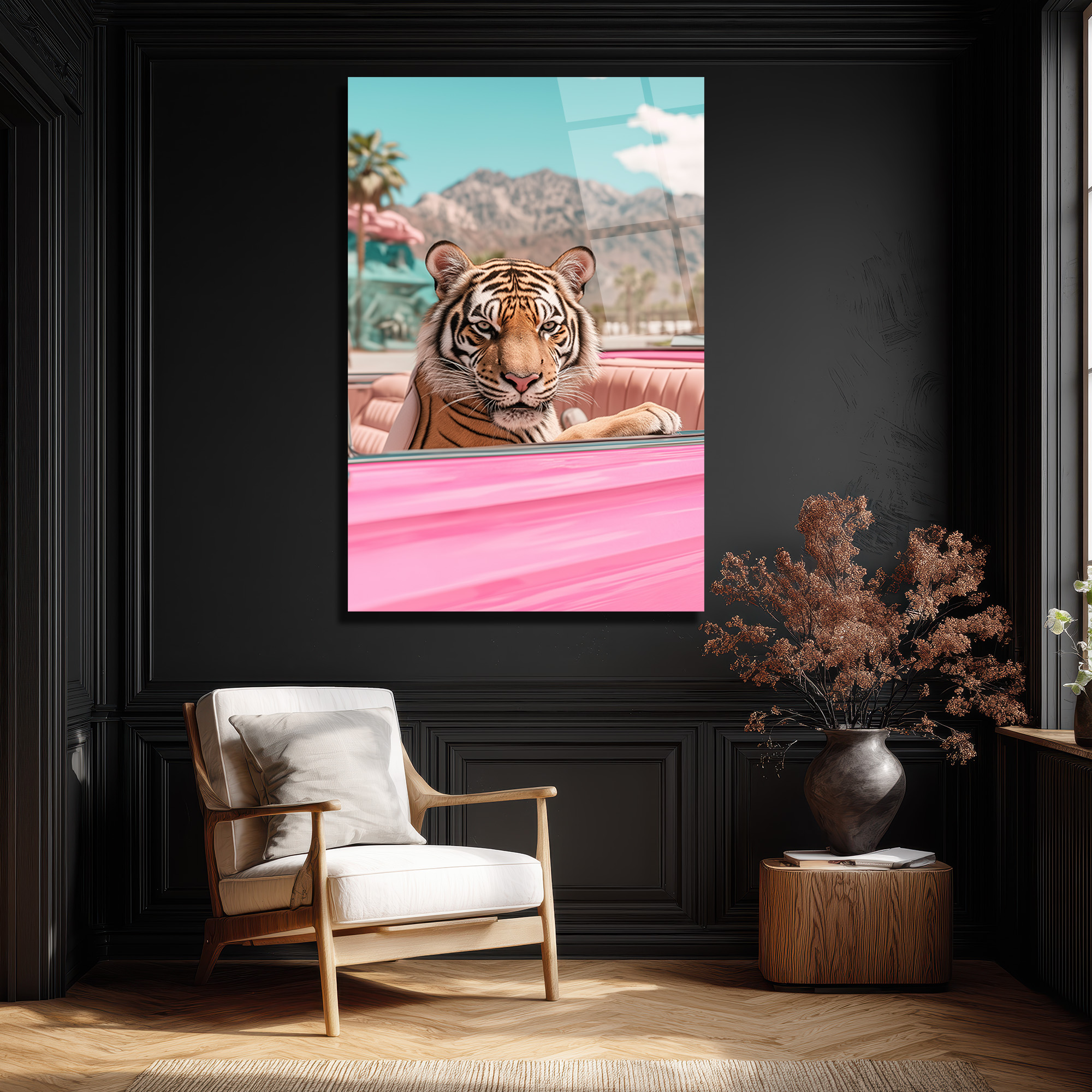 Lüks Pembe Arabada Kaplan Cam Tablo - Modern Duvar Sanatı - Glazella Lüks Pembe Arabada Kaplan Cam Tablo - Modern Duvar Sanatı - Glazella