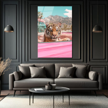 Lüks Pembe Arabada Kaplan Cam Tablo - Modern Duvar Sanatı - Glazella Lüks Pembe Arabada Kaplan Cam Tablo - Modern Duvar Sanatı - Glazella