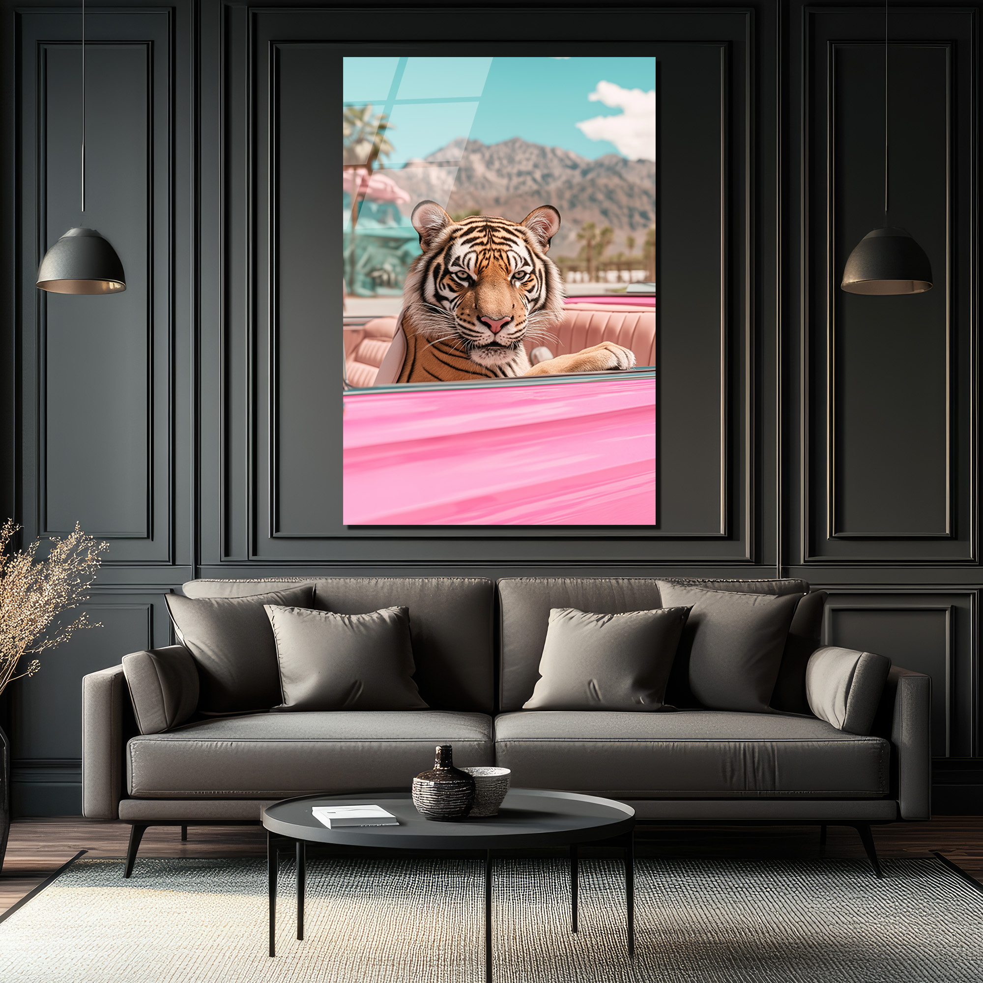 Lüks Pembe Arabada Kaplan Cam Tablo - Modern Duvar Sanatı - Glazella Lüks Pembe Arabada Kaplan Cam Tablo - Modern Duvar Sanatı - Glazella