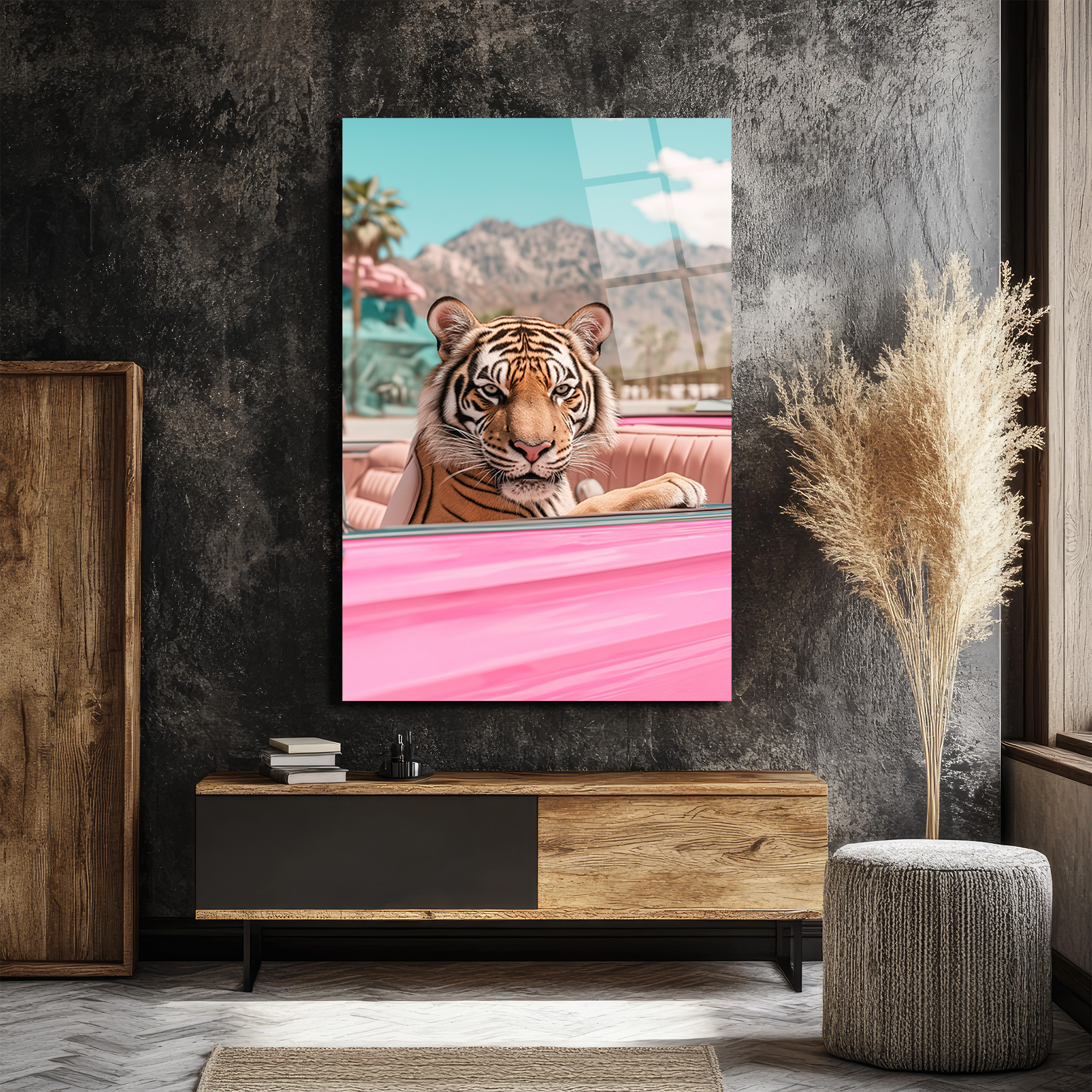 Lüks Pembe Arabada Kaplan Cam Tablo - Modern Duvar Sanatı - Glazella Lüks Pembe Arabada Kaplan Cam Tablo - Modern Duvar Sanatı - Glazella