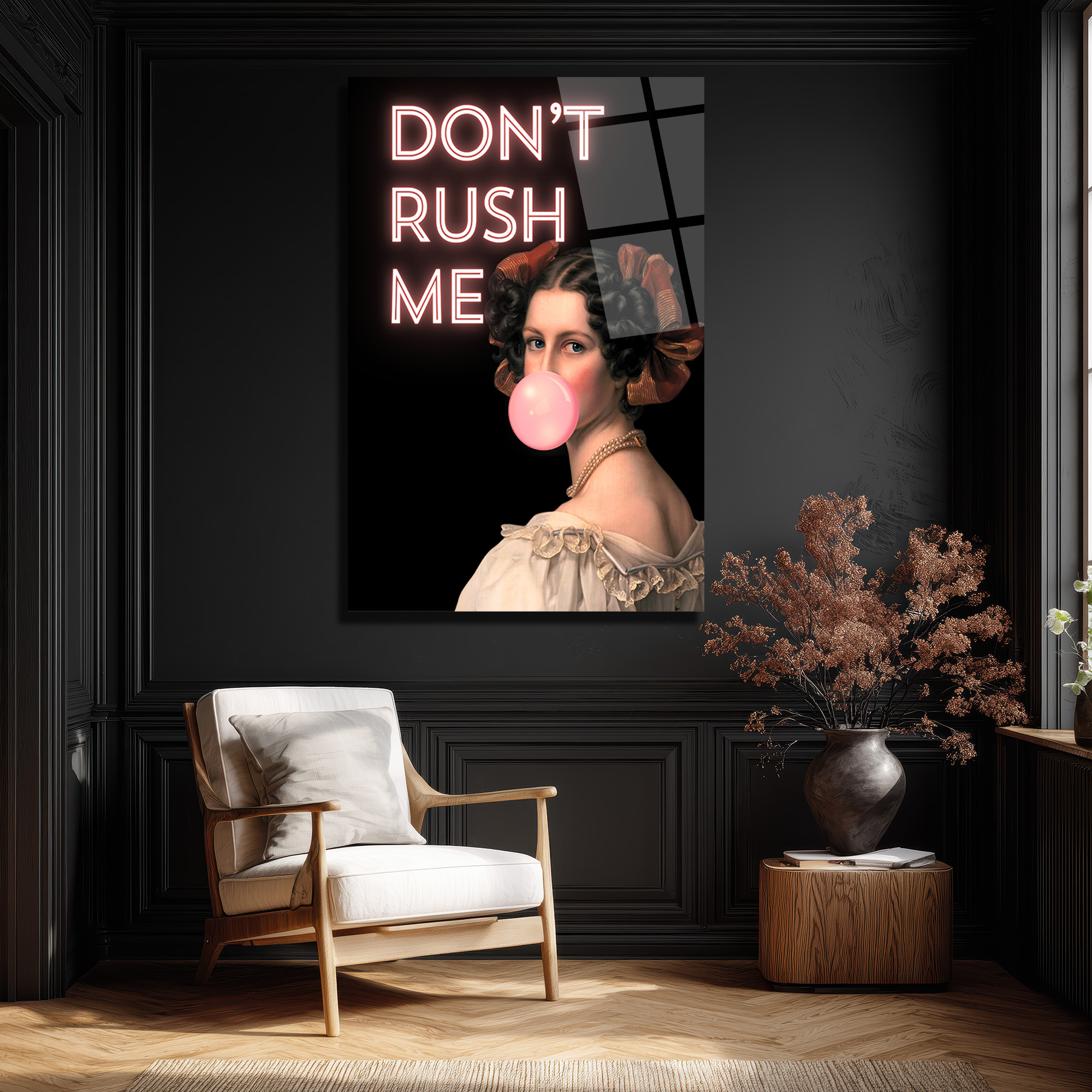 Don't Rush Me Neon Yazılı Sakız Balonlu Kadın Portre Cam Tablo - Glazella Don't Rush Me Neon Yazılı Sakız Balonlu Kadın Portre Cam Tablo - Glazella