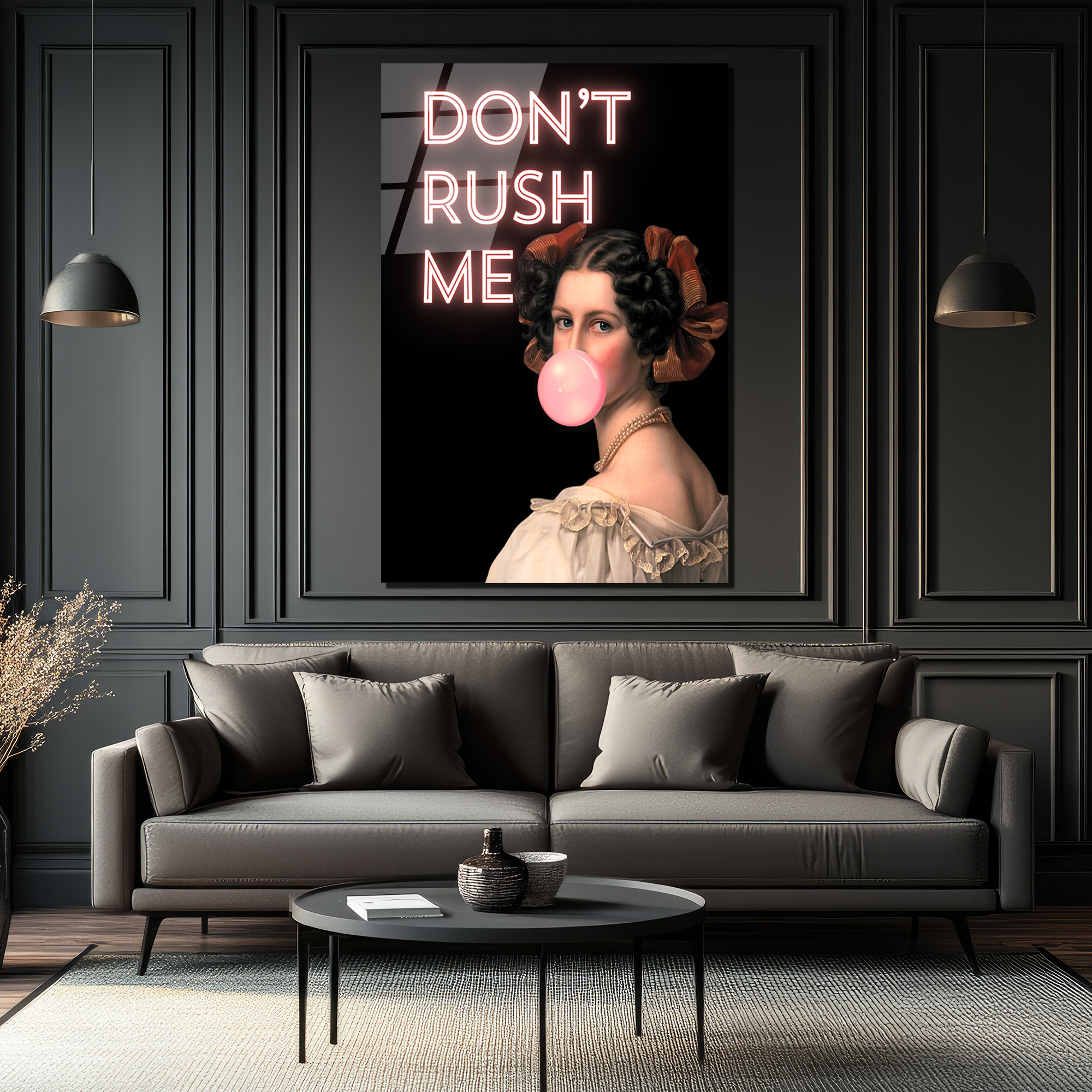 Don't Rush Me Neon Yazılı Sakız Balonlu Kadın Portre Cam Tablo - Glazella Don't Rush Me Neon Yazılı Sakız Balonlu Kadın Portre Cam Tablo - Glazella