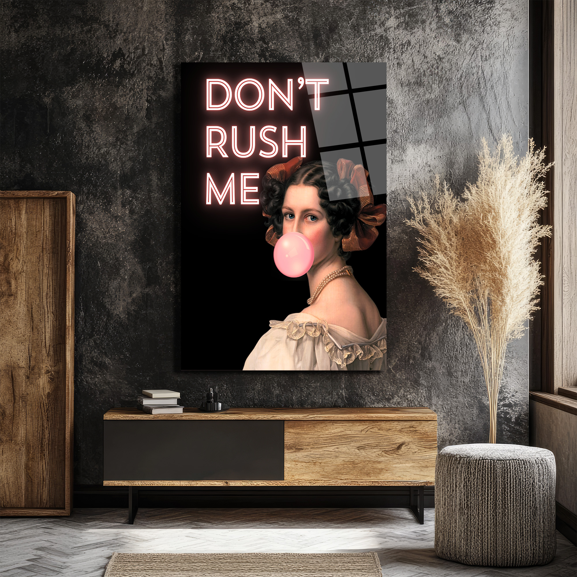 Don't Rush Me Neon Yazılı Sakız Balonlu Kadın Portre Cam Tablo - Glazella Don't Rush Me Neon Yazılı Sakız Balonlu Kadın Portre Cam Tablo - Glazella
