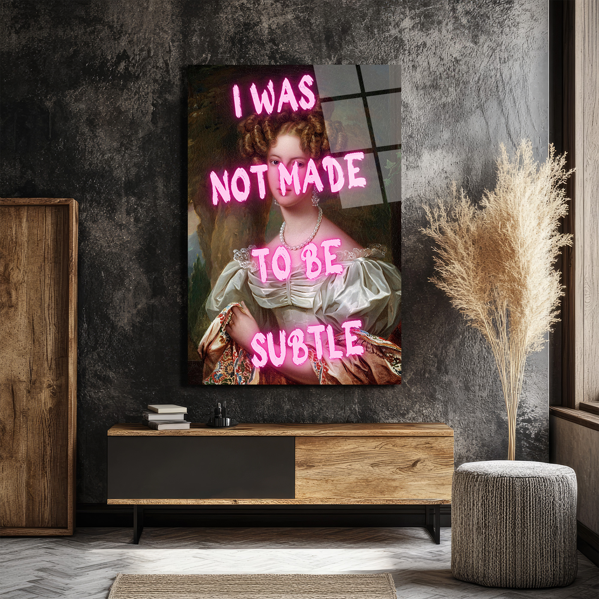 "I Was Not Made To Be Subtle" Neon Yazılı Klasik Portre Cam Tablo - Glazella "I Was Not Made To Be Subtle" Neon Yazılı Klasik Portre Cam Tablo - Glazella