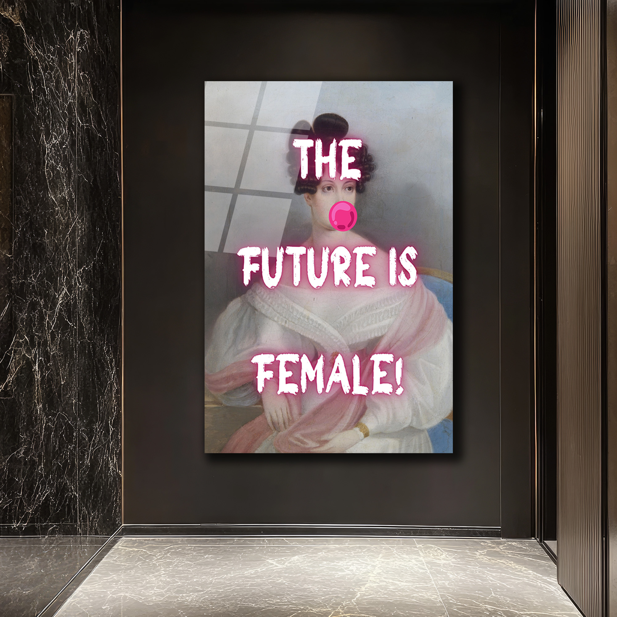 THE FUTURE IS FEMALE! Neon Pembe Sakız Patlatan Kadın Cam Tablo - Glazella THE FUTURE IS FEMALE! Neon Pembe Sakız Patlatan Kadın Cam Tablo - Glazella
