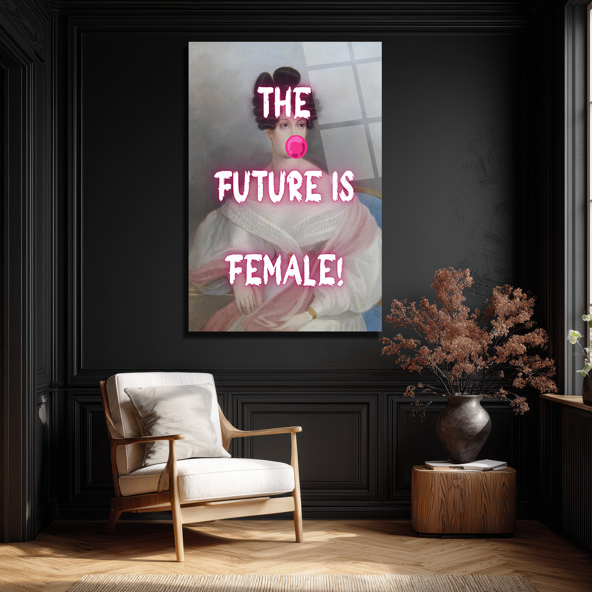 THE FUTURE IS FEMALE! Neon Pembe Sakız Patlatan Kadın Cam Tablo - Glazella THE FUTURE IS FEMALE! Neon Pembe Sakız Patlatan Kadın Cam Tablo - Glazella