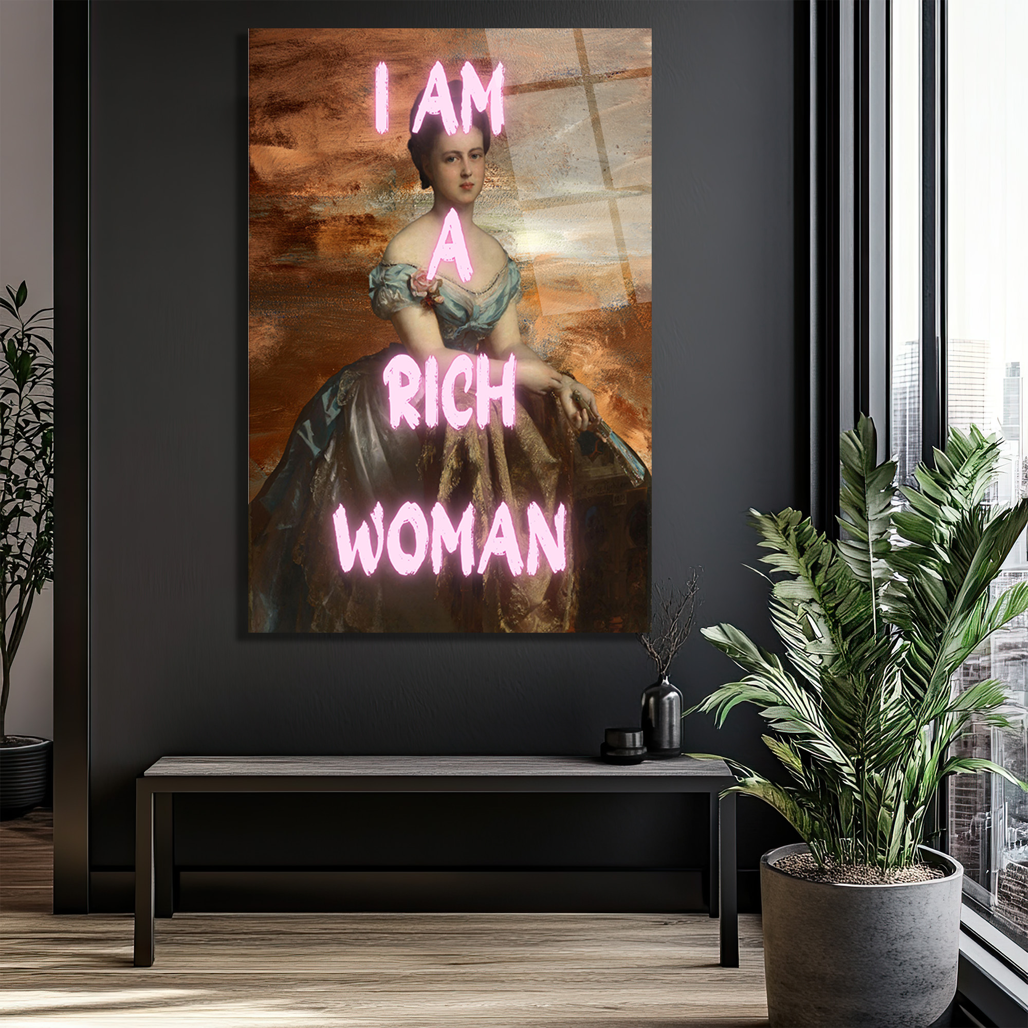 I AM A RICH WOMAN Neon Yazılı Klasik Portre Cam Tablo - Glazella I AM A RICH WOMAN Neon Yazılı Klasik Portre Cam Tablo - Glazella