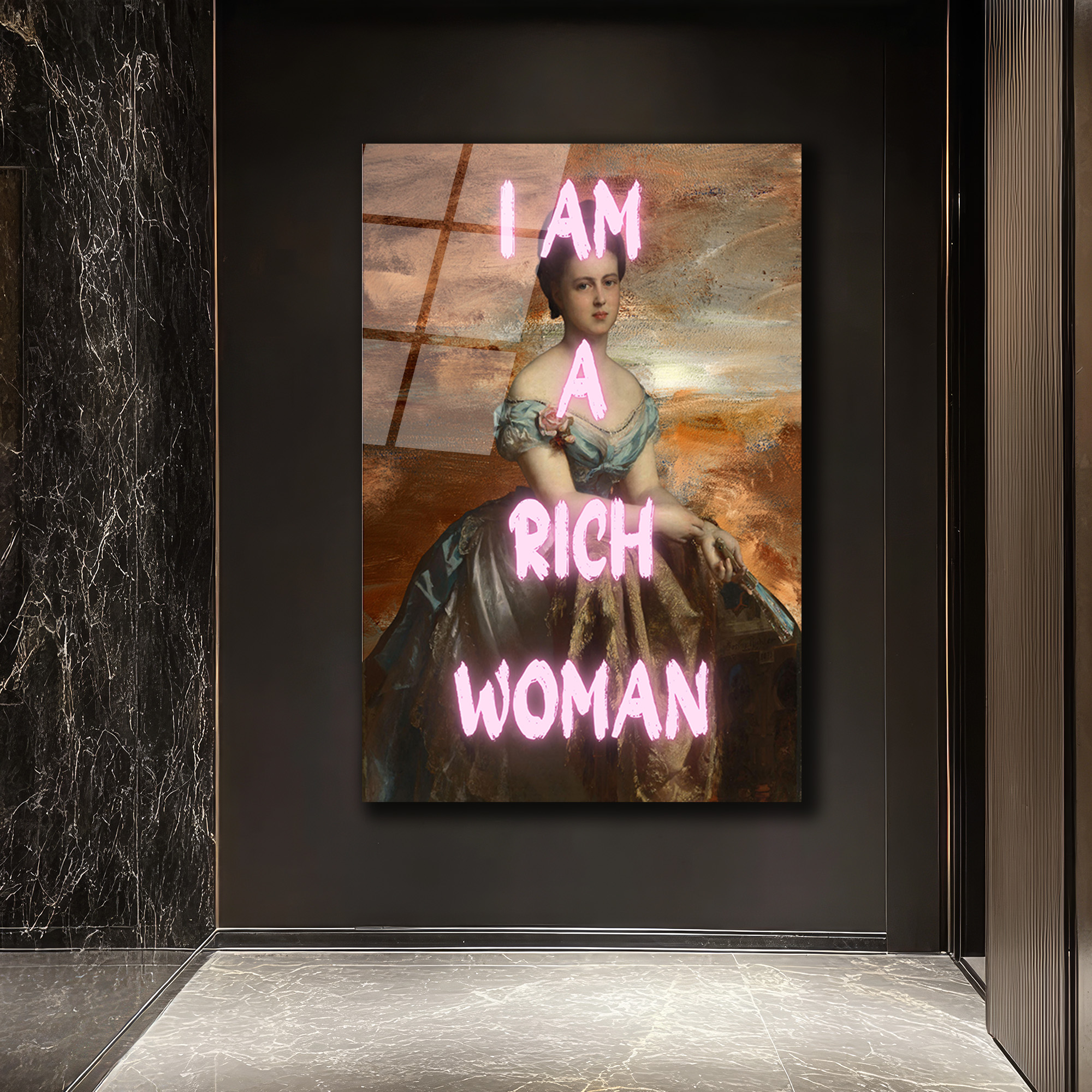 I AM A RICH WOMAN Neon Yazılı Klasik Portre Cam Tablo - Glazella I AM A RICH WOMAN Neon Yazılı Klasik Portre Cam Tablo - Glazella